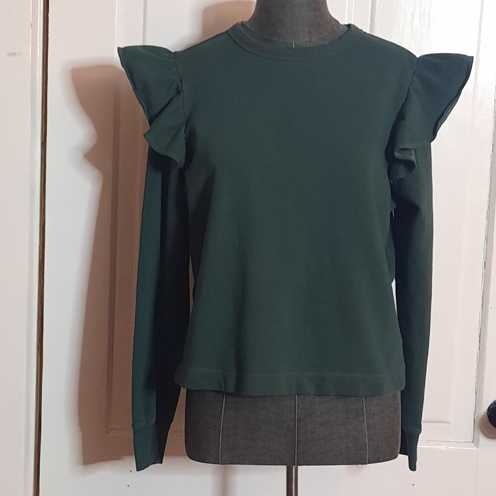 Old Navy Ruffle Sleeve French Terry Dark Emerald Green Pullover Sweatshirt, Sm